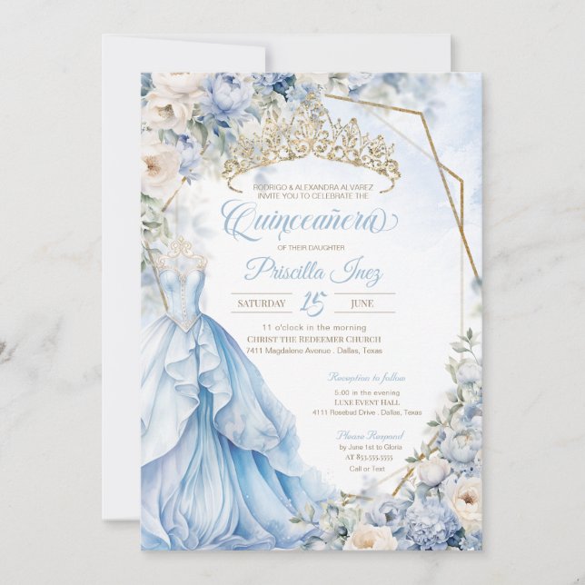 Cinderella Princess Light Blue Gold Quinceañera Invitation (Front)