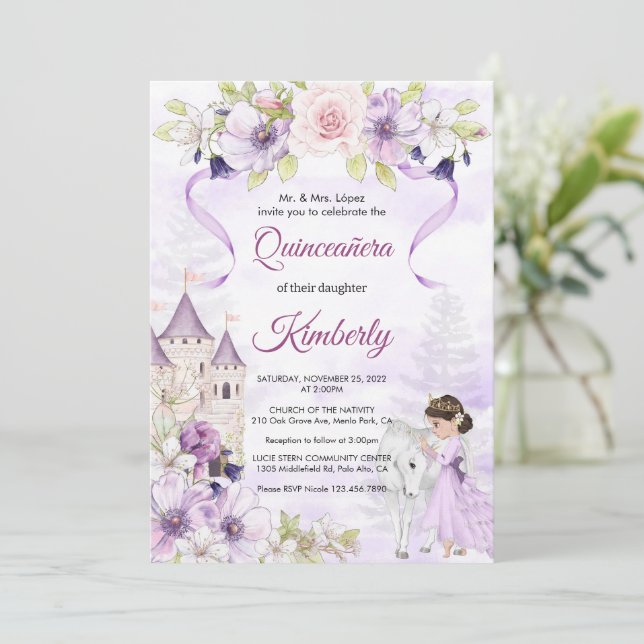 Cinderella Purple Floral Princess Quinceanera Invitation (Standing Front)