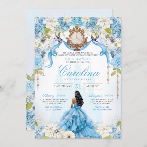 Cinderella Quinceaera Blue Gold Luxury Birthday Invitation