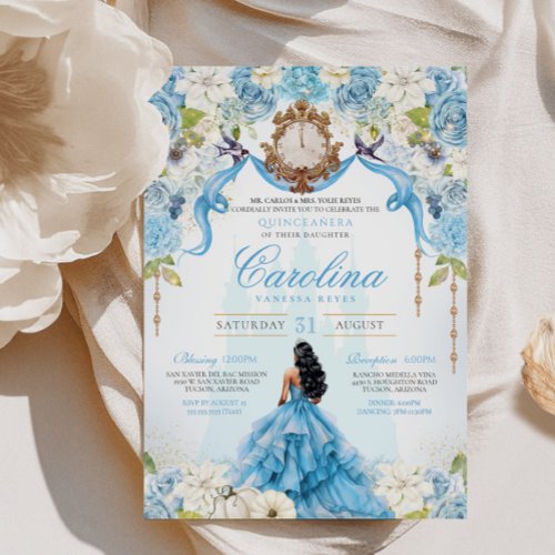 Cinderella Quinceanera Luxury Blue Gold Birthday Invitation