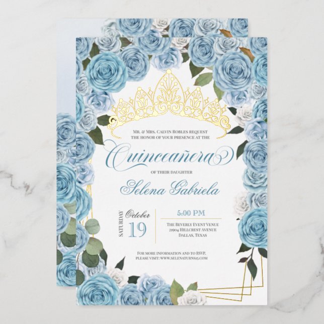Cinderella Roses Princess Quinceanera Real Gold Foil Invitation (Front/Back)