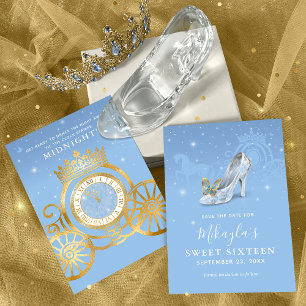 Cinderella Shoe Baby Blue Gold Sweet 16 Birthday Save The Date
