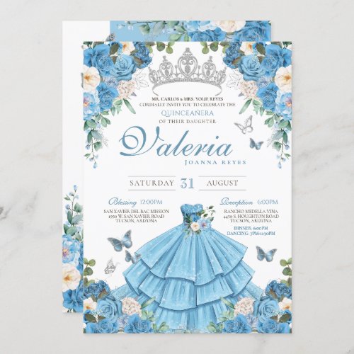 Cinderella Silver Blue Butterfly Princess Birthday Invitation