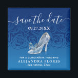 Cinderella Slipper Blue Quinceanera Save the Date Magnet<br><div class="desc">Beautiful Cinderella quinceanera save the date magnets that feature an elegant butterfly glass slipper. The floral design illustrated by Raphaela Wilson depicts a lovely ombre fade of dark navy and royal blue. By customizing the design further, you will discover that you can separate the blue butterfly if you prefer a...</div>