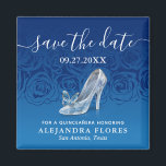 Cinderella Slipper Blue Quinceanera Save the Date Magnet<br><div class="desc">Beautiful Cinderella quinceanera save the date magnets that feature an elegant butterfly glass slipper. The floral design illustrated by Raphaela Wilson depicts a lovely ombre fade of dark navy and royal blue. By customizing the design further, you will discover that you can separate the blue butterfly if you prefer a...</div>