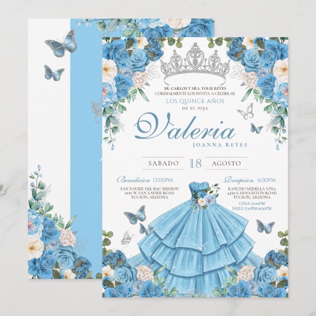 Cinderlla Blue Silver Elegant Princess Quinceañera Invitation (Front/Back)