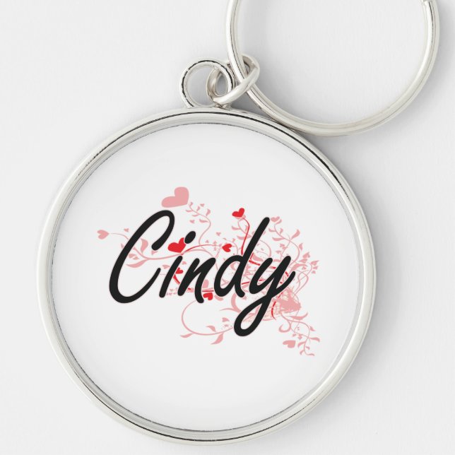 Cindy Artistic Name Design with Hearts Keychain (Front)