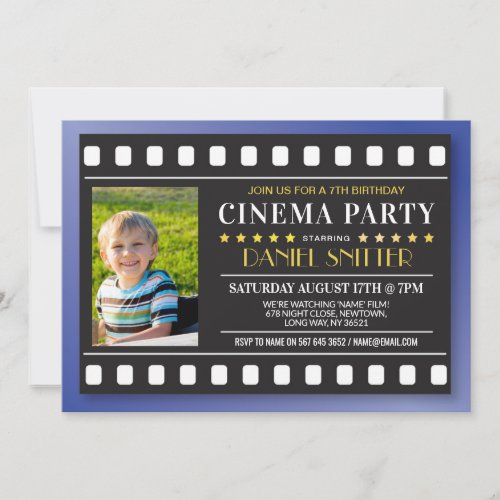 Cinema Birthday Party Movie Film Boys Blue Photo Invitation