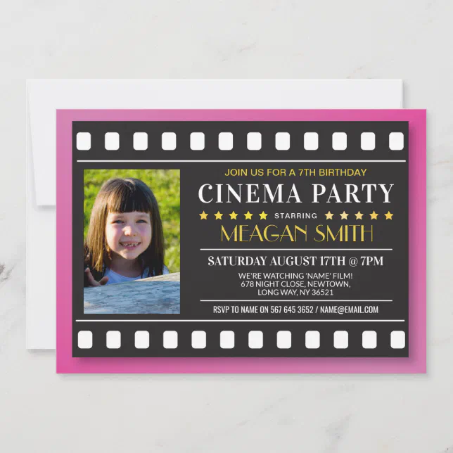 Cinema Birthday Party Movie Film Girl's Pink Photo Invitation | Zazzle