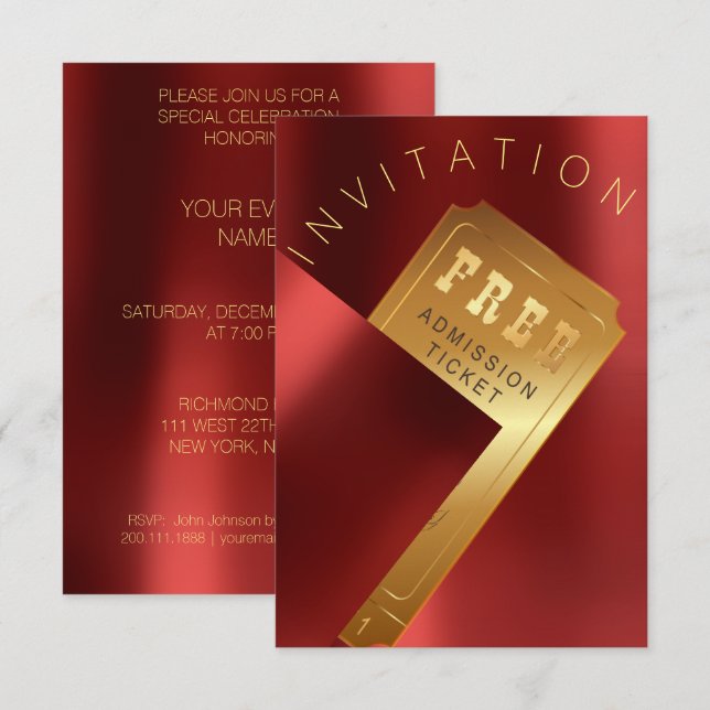 Cinema Film Festival Ticket Metal Red Ruby Gold Invitation (Front/Back)