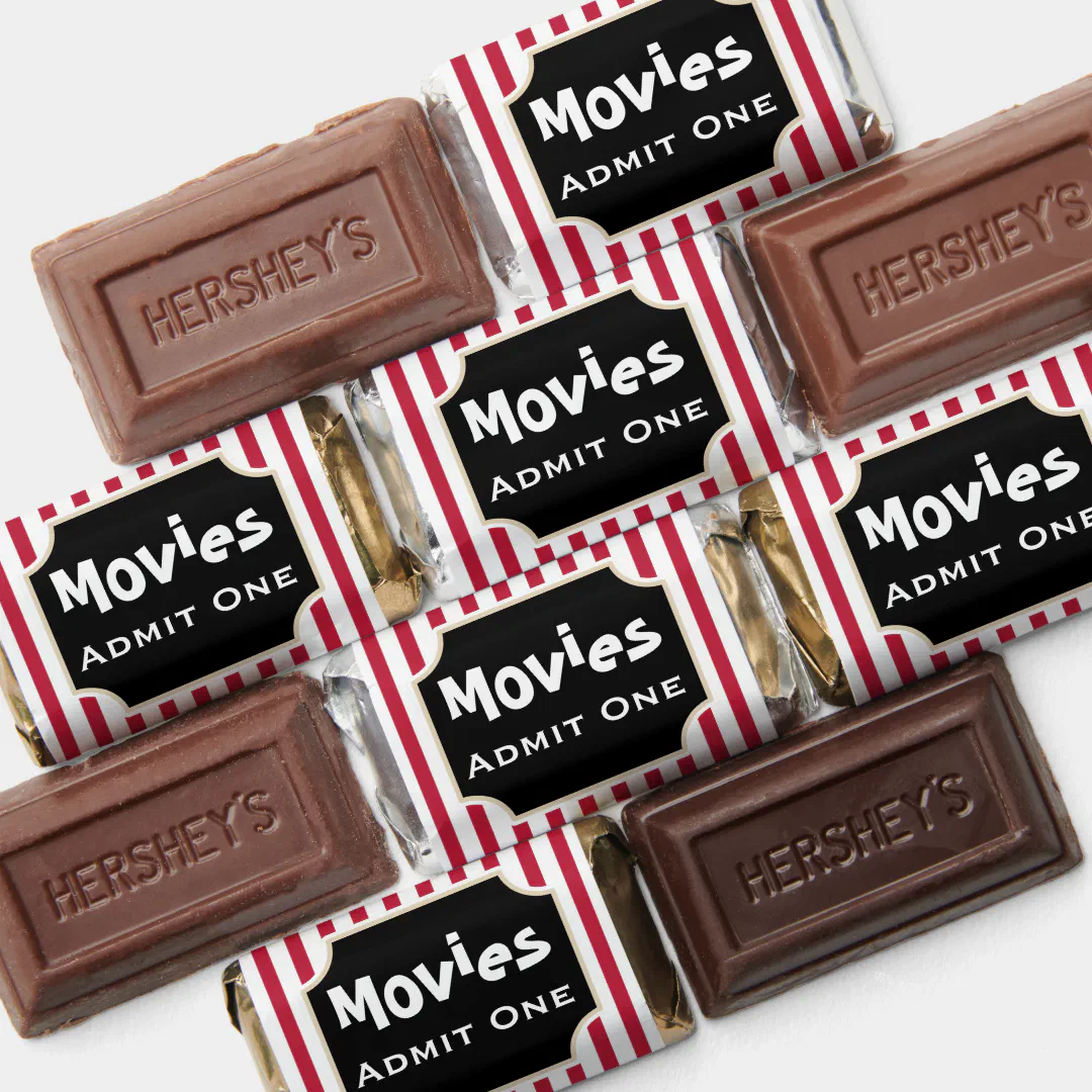 Miniature chocolate bars wrapped in red and white striped movie ticket wrappers.