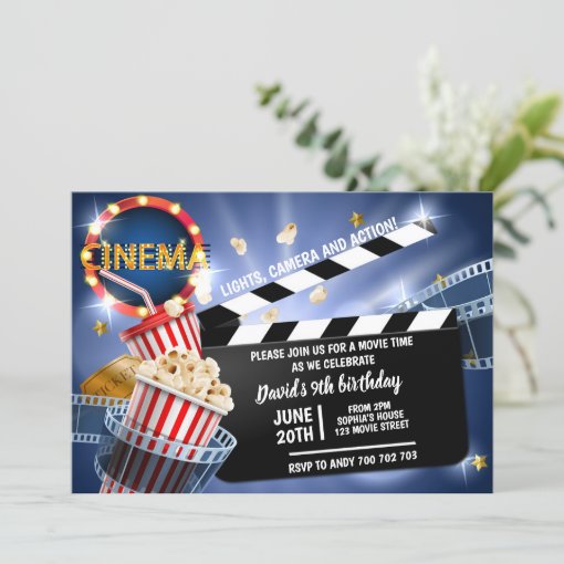 Cinema Movie Time Boy Birthday Popcorn Invitation | Zazzle