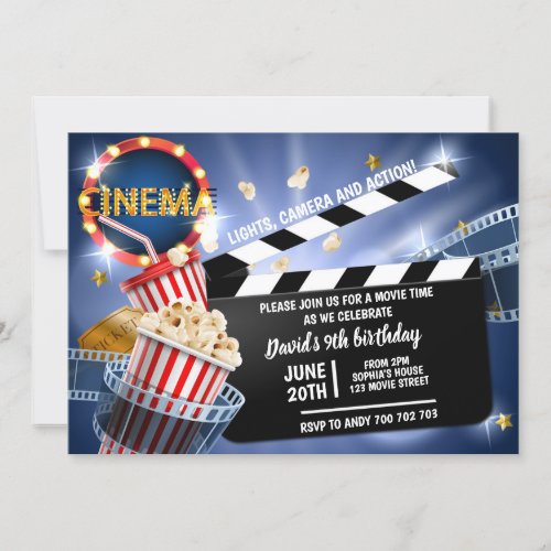 Cinema Movie Time Boy Birthday Popcorn Invitation