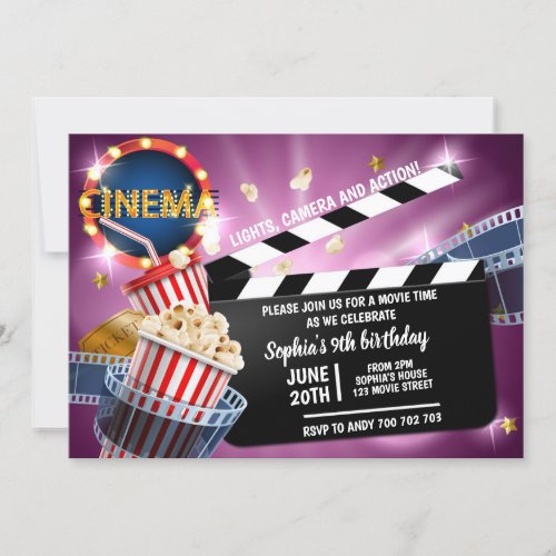 Cinema Movie Time Girl Birthday Popcorn Invitation