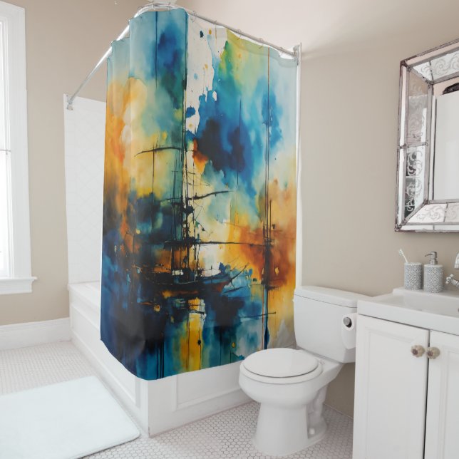 Cinematic Art | Modern Blue & Orange Shower Curtain (In Situ)