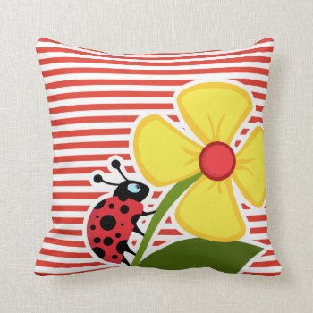 Cinnabar Color Horizontal Stripes; Ladybug Throw Pillow by Birthday_Party_House at Zazzle