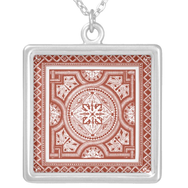 Cinnabar Woodblock IV Silver Plated Necklace (Front)