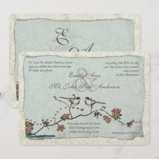 Cinnamon and Blue Love Bird Damask Wedding Invites