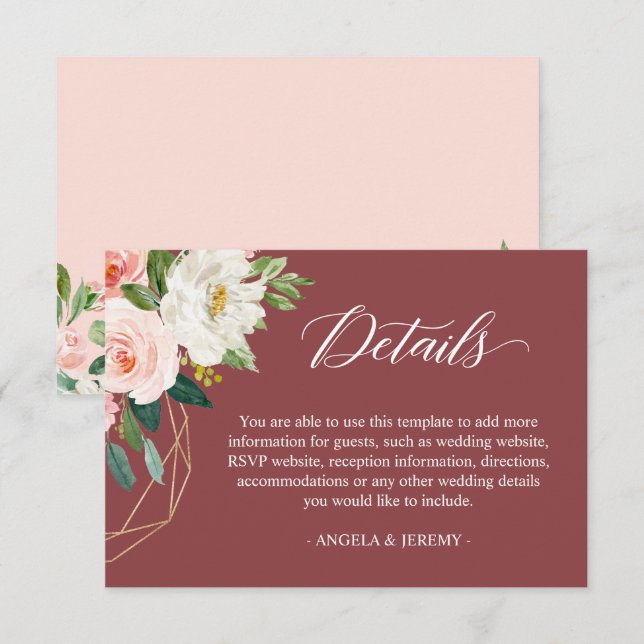Cinnamon Blush White Floral Wedding Details Enclosure Card (Front/Back)