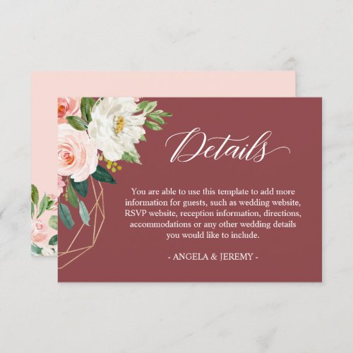 Cinnamon Blush White Floral Wedding Details Enclosure Card