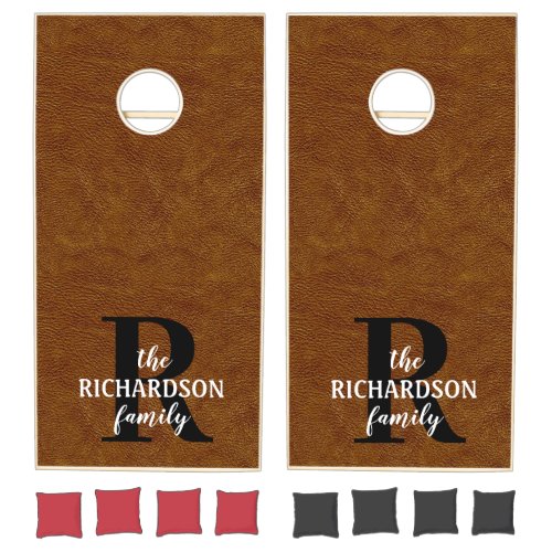 Cinnamon Brown Faux Leather Cowhide Monogrammed  Cornhole Set