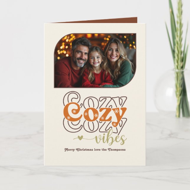 Cinnamon Glow Cozy Vibes Retro Christmas Photo Holiday Card (Front)