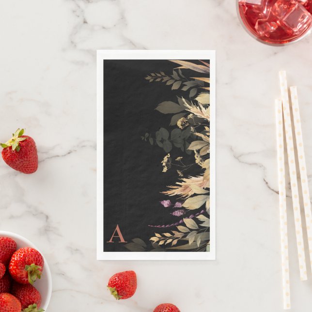 Cinnamon Monogram Fall Foliage Black Paper Guest Towels (Insitu)