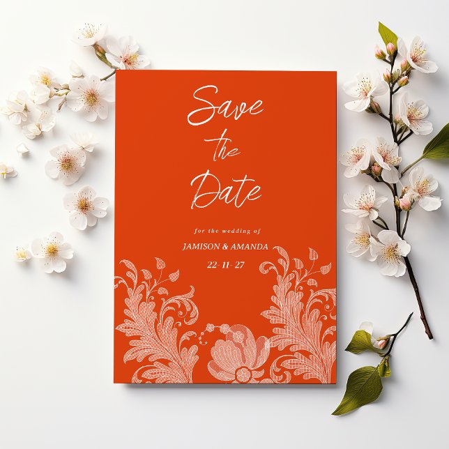 Cinnamon orange white floral lace Save The Date Invitation (Cinnamon orange white floral lace Save The Date)