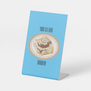 Cinnamon roll cartoon illustration pedestal sign