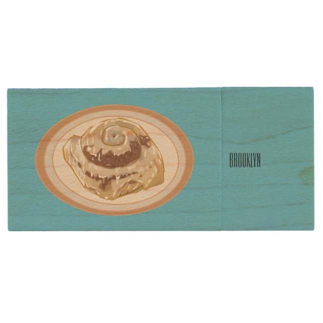Cinnamon roll cartoon illustration wood flash drive (Front)