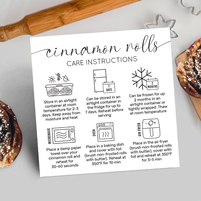 Cinnamon Rolls Instructions Minimal Cake Bakery Square Business Card (Minimalist cinnamon rolls care & heating instructions cards with care icons, elegant script font)