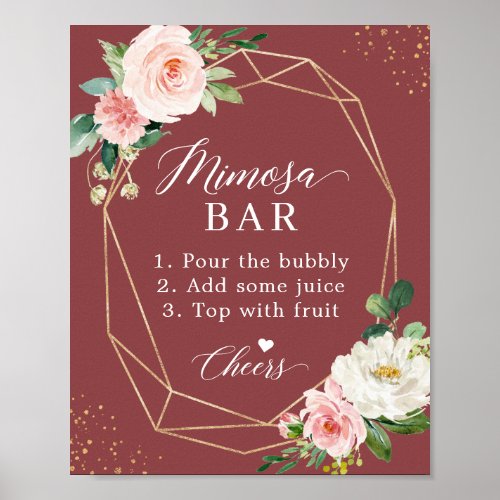 Cinnamon Rose Blush Bridal Shower Mimosa Bar Sign - Modern Geometric Frame Cinnamon Rose Blush Floral - Bridal Shower Mimosa Bar Sign Poster. 
(1) The default size is 8 x 10 inches, you can change it to a larger size.  
(2) For further customization, please click the "customize further" link and use our design tool to modify this template. 