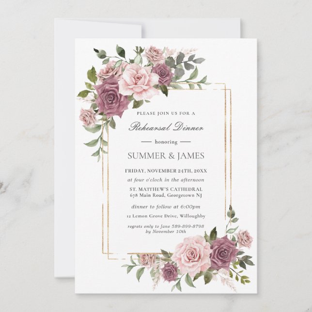 Cinnamon Rose Blush Floral Boho Rehearsal Dinner Invitation (Front)