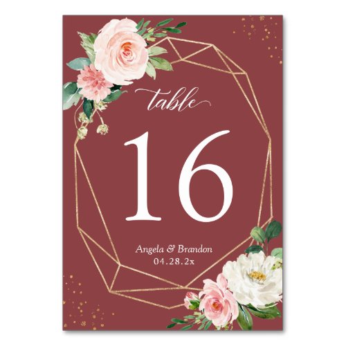 Cinnamon Rose Blush Floral Geometric Frame Wedding Table Number