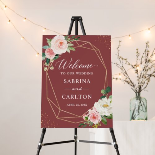Cinnamon Rose Blush Floral Geometric Wedding Foam Board - Modern Faux Gold Glitter Geometric Cinnamon Rose Blush Pink Floral Wedding Welcome Sign Foam Board. 
(1) The default size is 18 x 24 inches, you can change it to other size.  
(2) For further customization, please click the "customize further" link and use our design tool to modify this template.