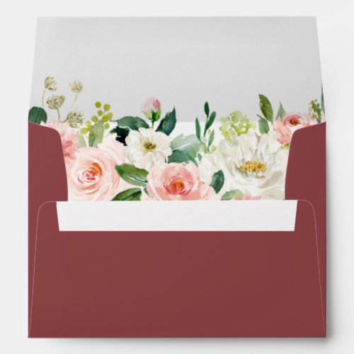 Cinnamon Rose Blush Floral Return Address 5x7 Envelope - Create your own Envelope with this "Watercolor Cinnamon Rose Blush Pink Floral Themed Envelope template". You can customize it with your return address on the back flap. This envelope design is perfect to match your wedding invitations. For further customization, please click the "customize further" link and use our design tool to modify this template. If you need help or matching items, please contact me.