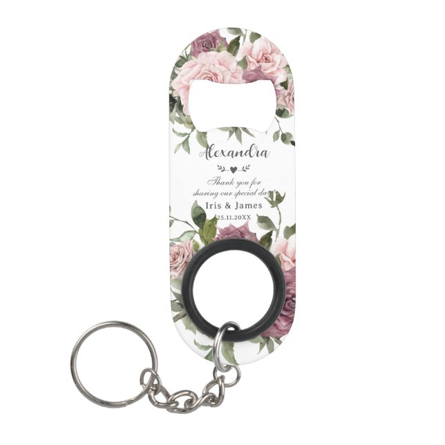 Cinnamon Rose Blush Floral Wedding Favor Keychain Bottle Opener (Front)