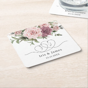 Cinnamon Rose Blush Floral Wedding Favor Square Paper Coaster