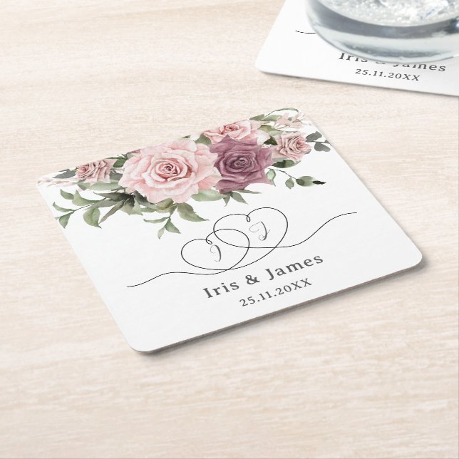 Cinnamon Rose Blush Floral Wedding Favor Square Paper Coaster (Angled)