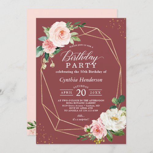 Cinnamon Rose Blush Pink Floral Birthday Party Invitation - Elegant Geometric Cinnamon Rose Blush Pink Floral Birthday Party Invitation. For further customization, please click the "customize further" link and use our design tool to modify this template. If you need help or matching items, please contact me.