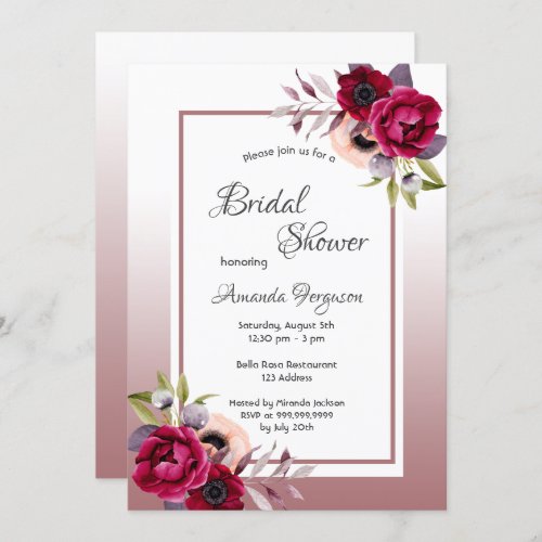 Cinnamon rose burgundy florals white bridal shower invitation