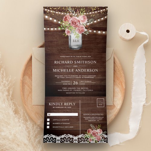 Cinnamon Rose Floral Mason Jar Rustic Wood Wedding Tri_Fold Invitation