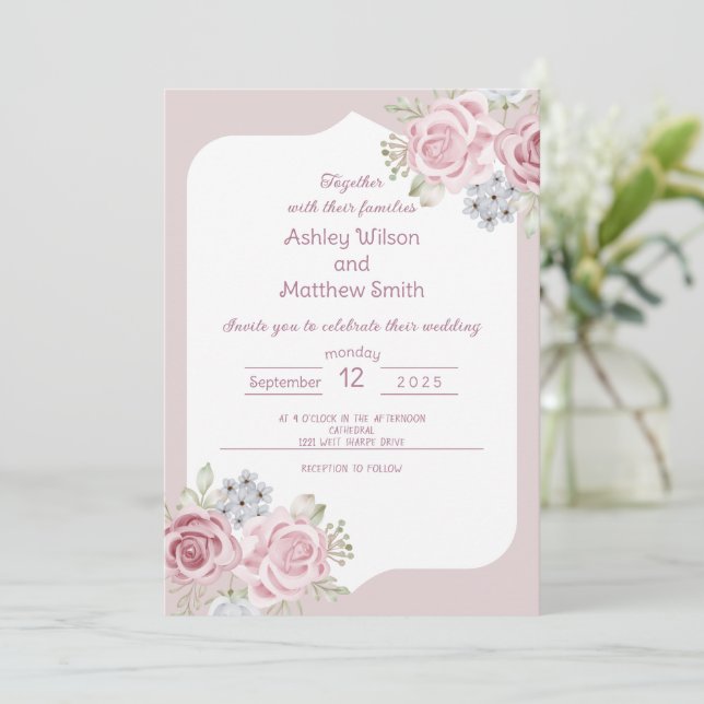 Cinnamon Rose floral wedding invitation (Standing Front)