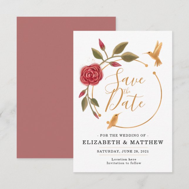 Cinnamon Rose Pink and Gold on White Floral Save The Date (Front/Back)