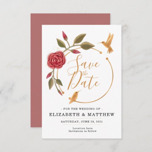 Cinnamon Rose Pink and Gold on White Floral Save The Date