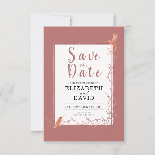 Cinnamon Rose Pink and gold with Leaves and Birds Save The Date