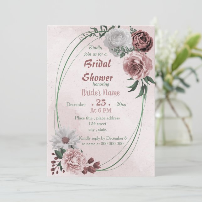 cinnamon rose white floral geometric bridal shower invitation (Standing Front)
