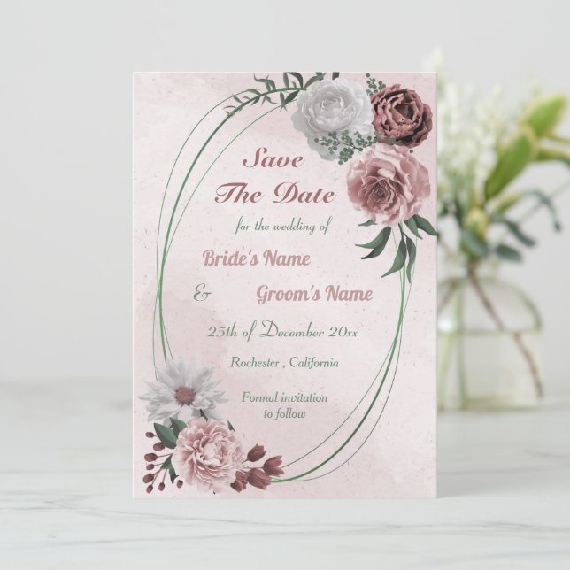 cinnamon rose white floral geometric save the date (Standing Front)