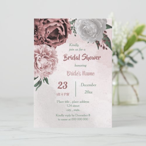 cinnamon rose white floral greenery bridal shower invitation