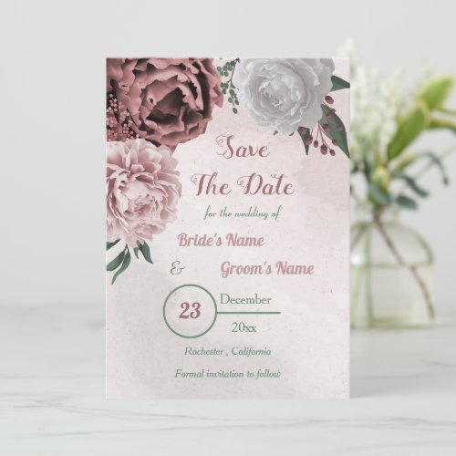 cinnamon rose white floral greenery save the date